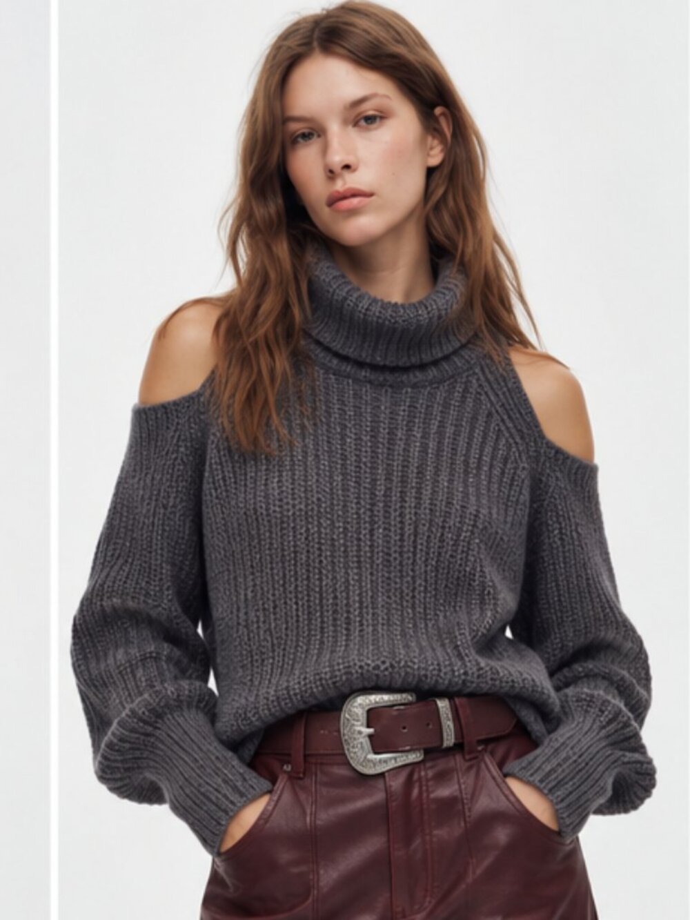 ZARA Charcoal Grey Cold Shoulder Chunky Fisherman Turtleneck Sweater Sz S